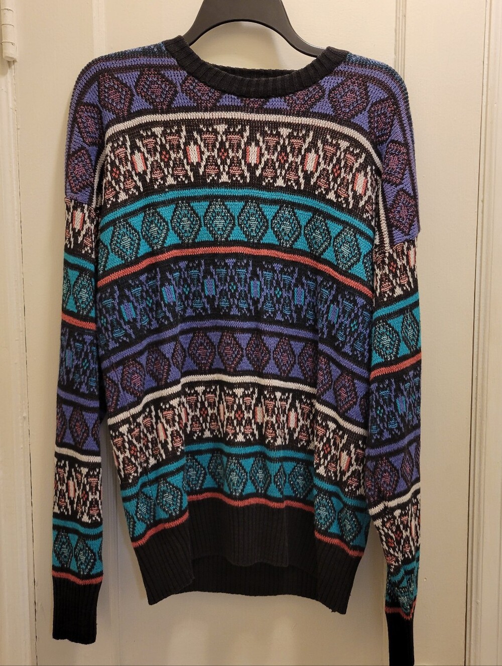 Vintage Michael Gerald Geometric Knit Sweater Men Large Purple Coogi Style 90s